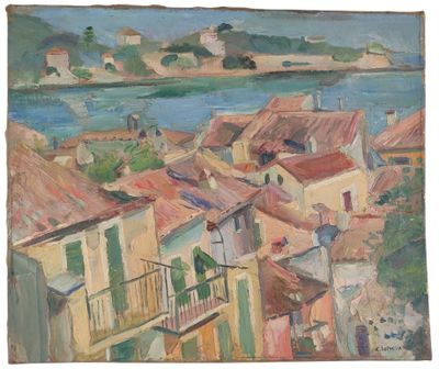 an oil painting of a view of a town from a hill