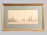 an image of a drawing of ships in a body of water with a mountain in the background