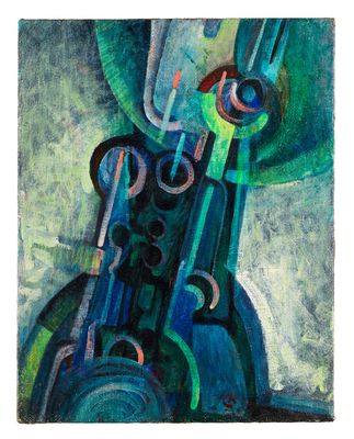 an abstract painting of a violin with a green background