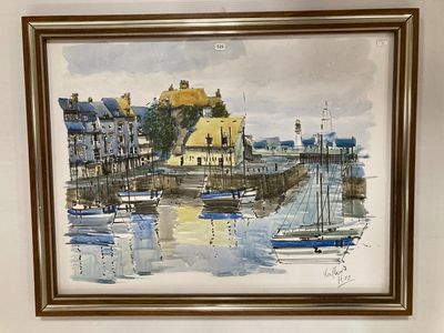 HIRO (XXe). Honfleur, le port. Aquarelle. - Photo 1