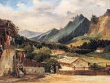 an image of a painting of a village with a mountain in the background