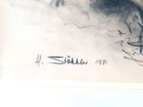 a drawing of a man riding a horse in the snow