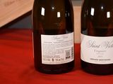 two bottles of wine sitting on a red cloth