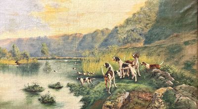 un tableau représentant un groupe de chiens au bord d'une rivière