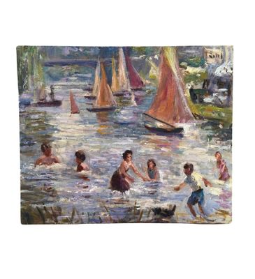 tableau représentant des enfants jouant dans l'eau, avec des voiliers en arrière-plan