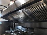 a kitchen with a stove, oven, and pans in it