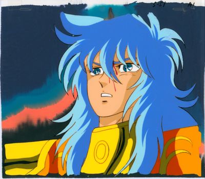 a close up of a cartoon character with blue hair and blue eyes
