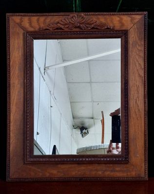 un miroir posé sur une table, dans lequel on aperçoit une plante