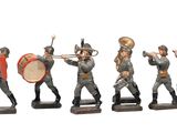 five figurines of men playing musical instruments on a white background