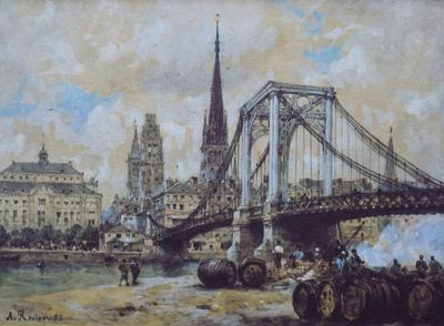 une peinture représentant un pont au-dessus d'une étendue d'eau