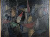 une peinture à l'huile représentant un voilier et d'autres bateaux sur fond noir