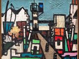 une image représentant une peinture d'un paysage urbain avec une tour horloge en arrière-plan