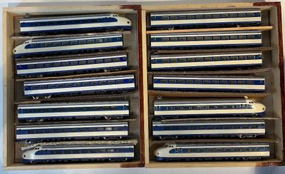 beaucoup de wagons bleus et blancs dans une boîte