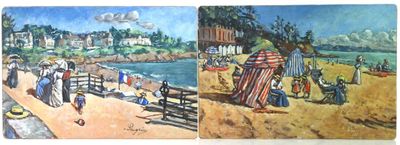 paintings of people on the beach and in the water