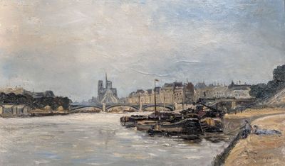 un tableau représentant une vue sur une rivière avec un pont en arrière-plan