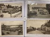 four black and white photographs of old postcards of a town
