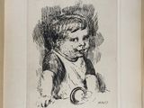 a black and white drawing of a child with a pacifier in his hand