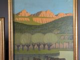 two framed paintings of cows grazing in a field with mountains in the background