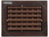 a close up of a wooden vent register with a sticker on it