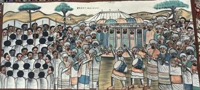 une image d'une peinture représentant un groupe de personnes devant un bâtiment
