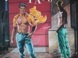 painting of a man standing in front of a red garage door with another man standing next to him