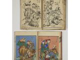 three old books with illustrations of people and animals on them