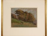 a painting of a landscape with trees and cows in a field
