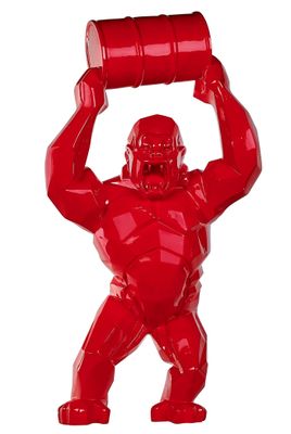 red gorilla holding a barrel of beer over his head