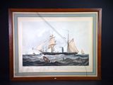 tableau représentant un voilier en pleine mer, avec un homme sur un bateau à l'arrière-plan