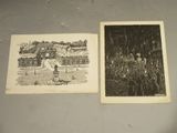 two old black and white photos of a man and woman in front of a building
