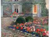 a painting of a house with a garden in front of it