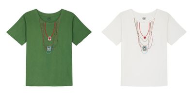 three t - shirts with necklaces on them on a white background