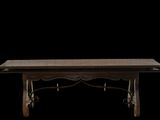 the table is made of wood and has a metal base