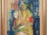 an oil painting of a woman sitting in a chair