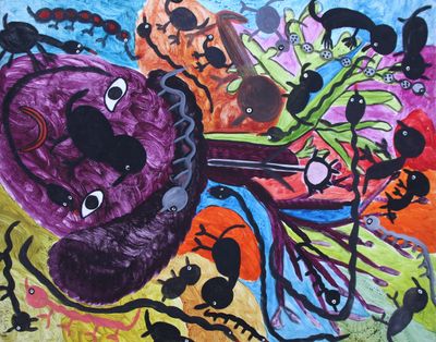 a painting of a bunch of different animals on a table