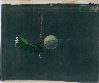painting of a green airplane with a skull on it flying in front of a moon