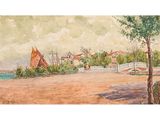 an image of a painting of a view of a town with a bridge