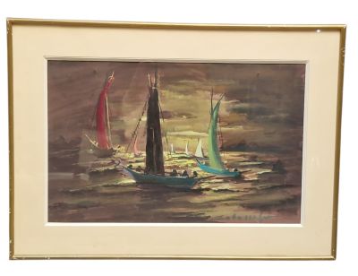 painting of a sailboat in the ocean with other sailboats in the background