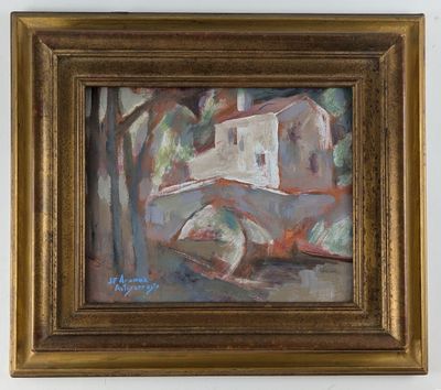 une image représentant une peinture d'une maison et d'un bateau sur l'eau