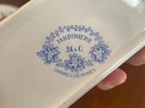 a person holding a plate that has a blue and white design on it