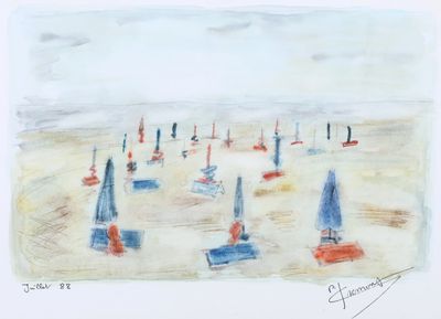 un dessin représentant une plage avec des parasols sur le sable