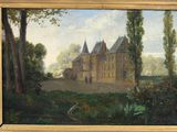 an oil painting of a castle in a wooded area with trees