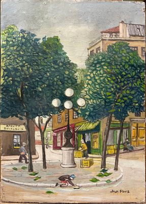 un tableau représentant une scène de rue avec des personnes et des arbres