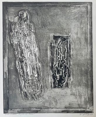 un dessin en noir et blanc représentant une œuvre d'art posée sur une table