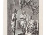 une vieille gravure représentant un homme et une femme dans une pièce où se trouve un drapeau