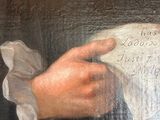 a painting of a man holding a piece of paper with writing on it