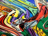 abstract painting of a man riding a skateboard down a street