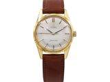 a gentleman ' s gold plated wrist watch with white dial and brown leather strap