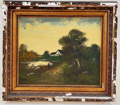 L. HENRY. Paysage à l'étang. Huile sur toile.