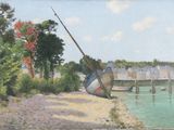 a painting of a boat on the shore by the water